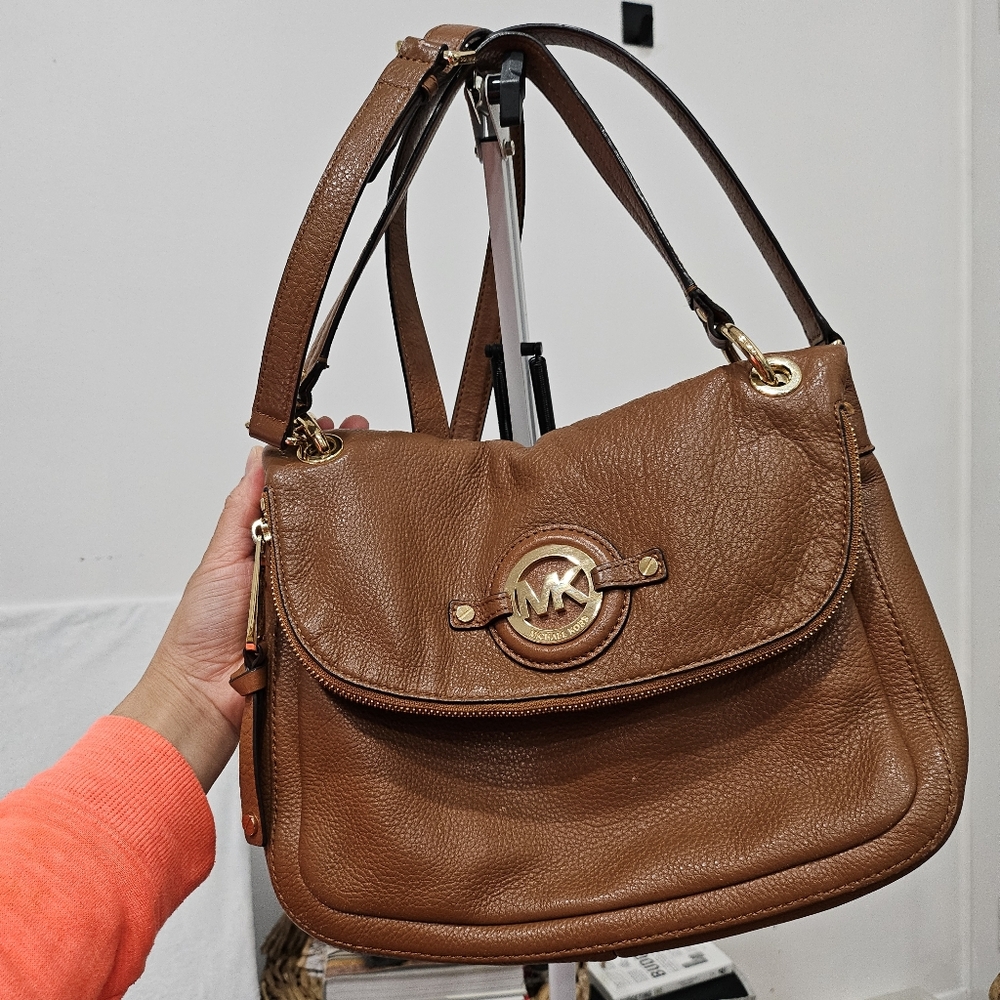 Michael Kors Grainy Leather Flap Convertible Crossbody Purse - Cognac